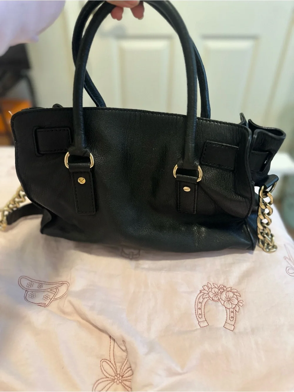 Michael Kors Black Leather Satchel with Gold Chain Accents